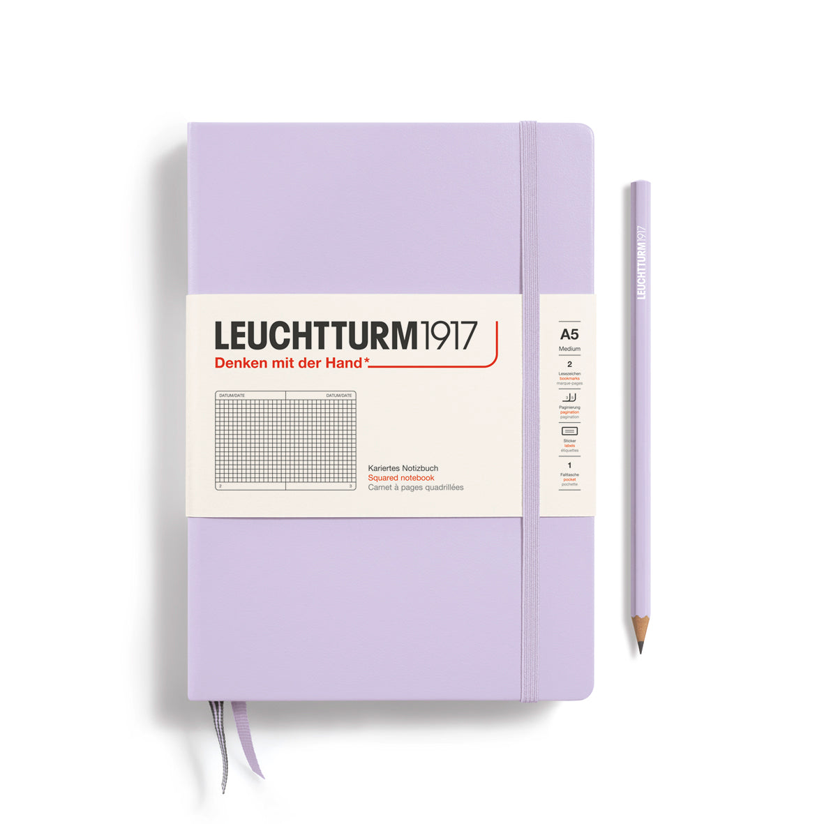 LEUCHTTURM1917 Notebook A5 Medium Hardcover in a lilac colour and a squared ruling at penny black