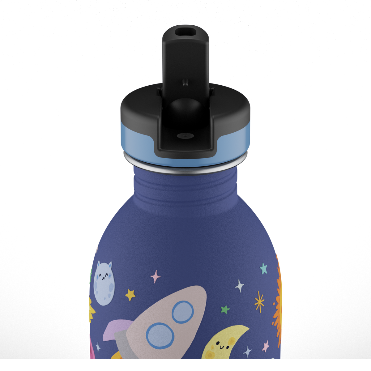 24Bottles 250ml Water Bottle with Straw - Space Friends by penny black showing sports lid