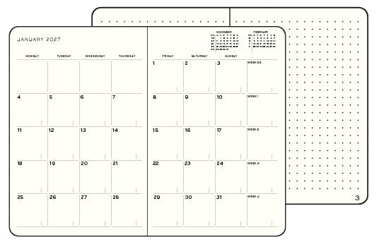 A two-page monthly calendar planner shown on a plain white background, with the page spread displaying January 2027 and the page behind page showing a dotted grid layout.