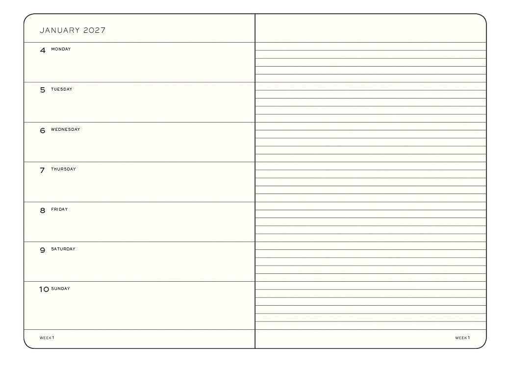 A weekly planner page from January 2027 with columns for each day from Monday through Sunday, featuring blank lined sections for writing.
