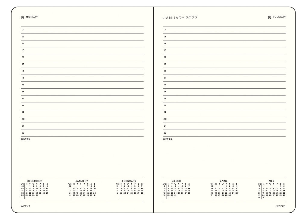 A two-page leuchtturm1917 daily planner spread from January 2027, with columns of time slots from 7 to 22, a notes section, and small monthly calendars at the bottom.