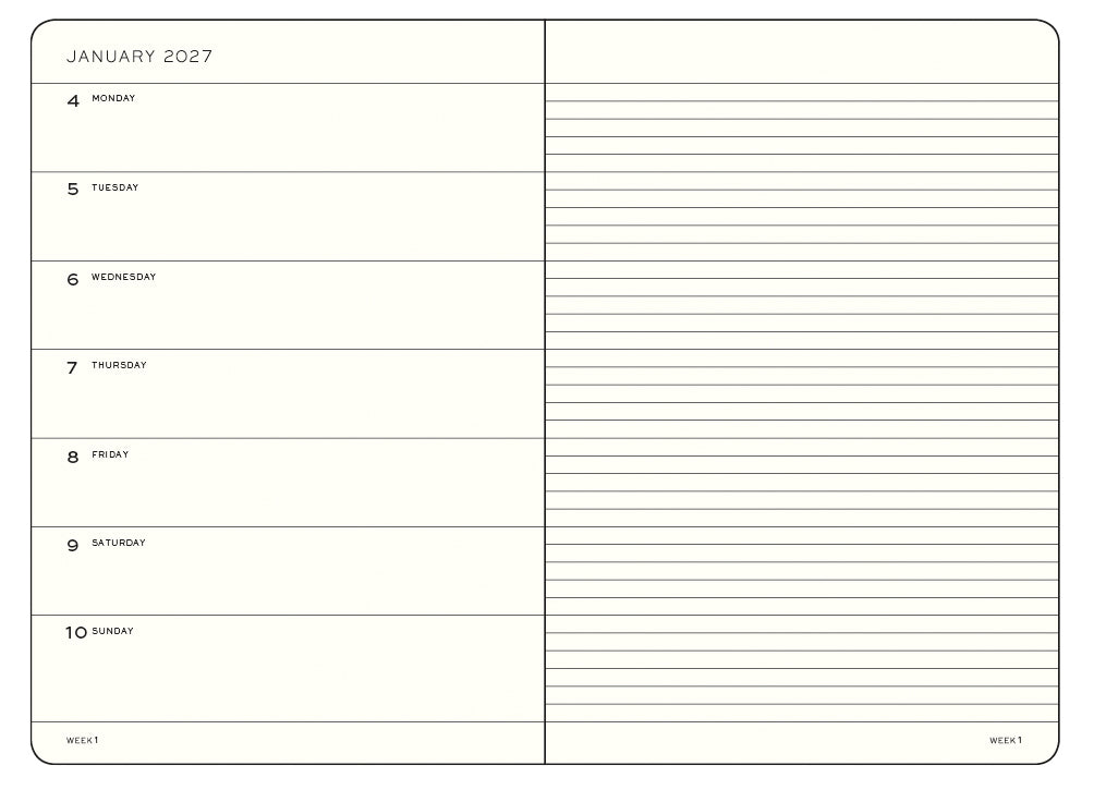 Calendar page for January 2027 from a leuchtturm1917 planner with days of the week and lined space for notes.