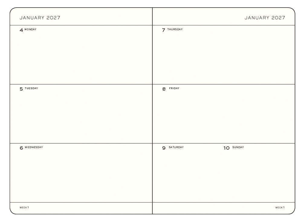 Two calendar pages for January 2027 with days of the week labels from a leuchtturm1917 weekly planner