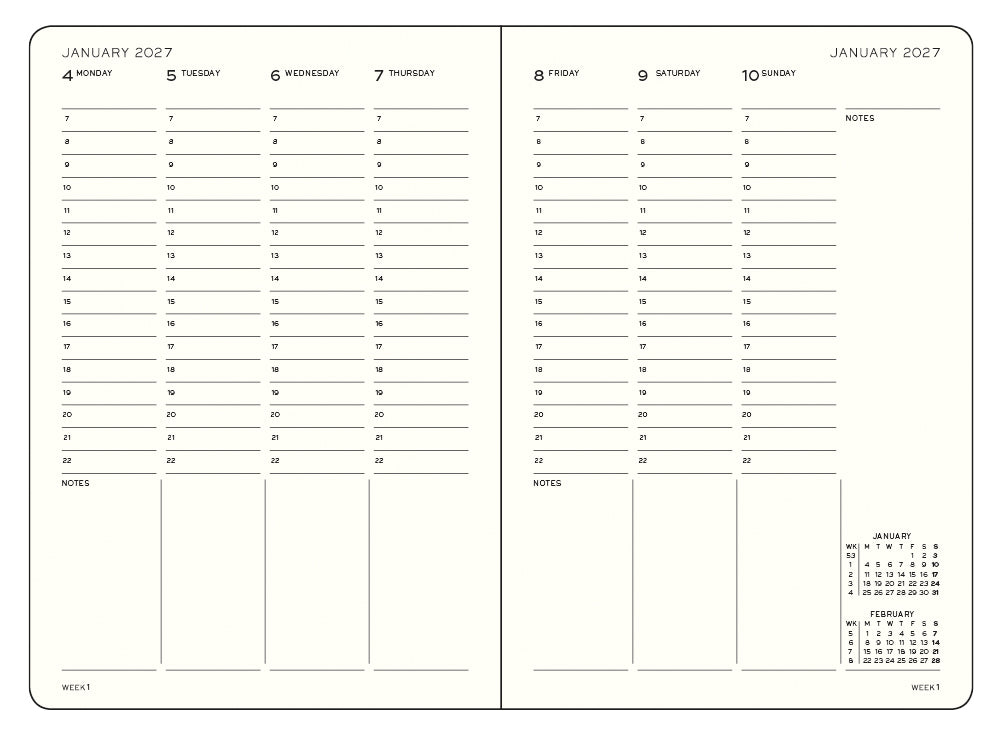 Two-page spread of a January 2027 leuchtturm1917 planner with days of the week, the hours of the day broken down and notes section.