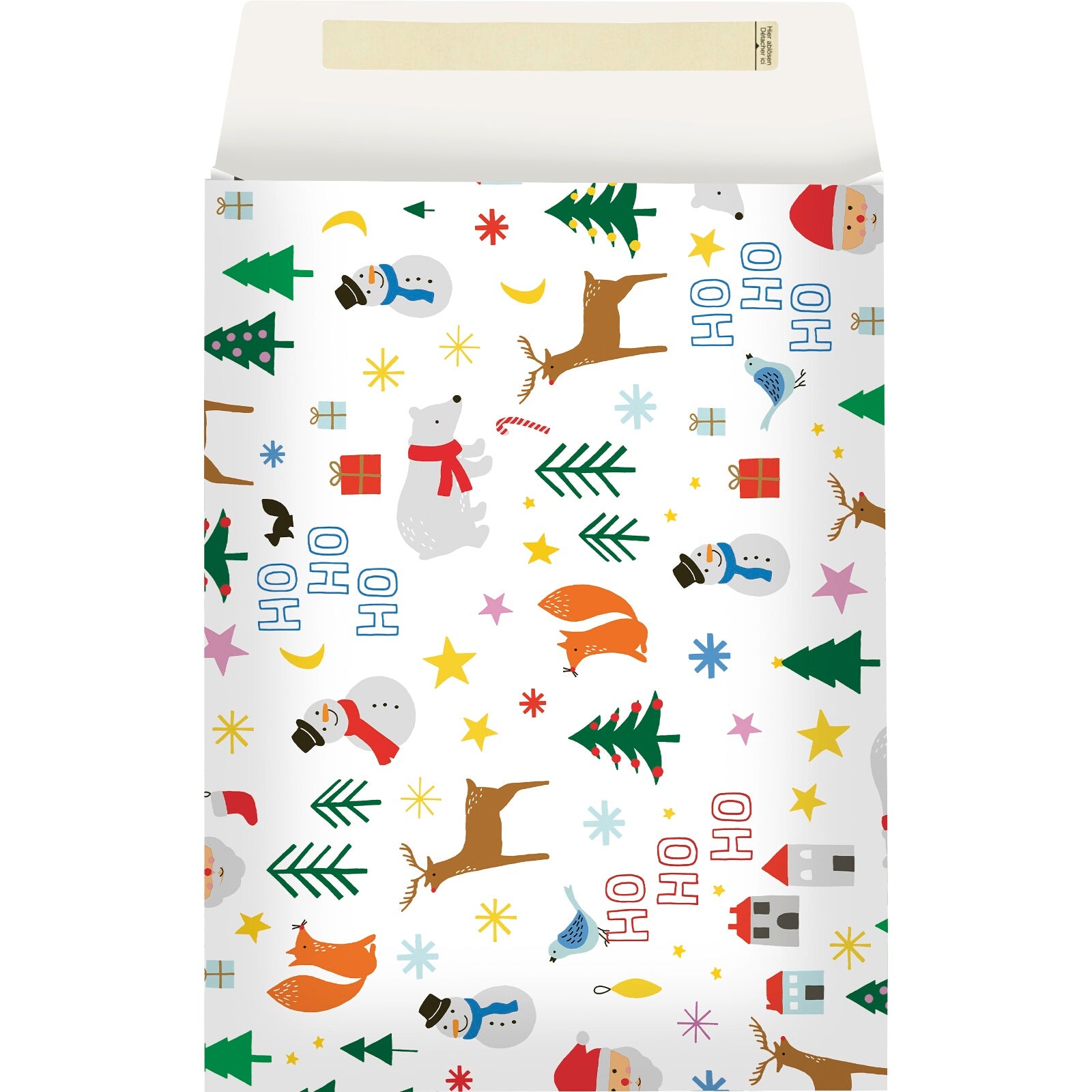 A Christmas envelope gift bag featuring a childlike pattern of festive icons e.g. snowmen, trees and presents on a white background.