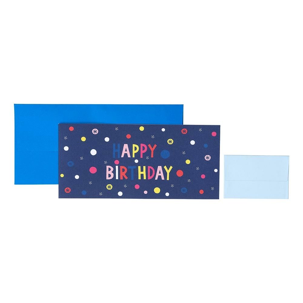 An image of a navy voucher wallet with multicoloured capital letters in the centre over two lines saying Happy Birthday. Around the words are multicoloured stars and dots. The money wallet is shown alongside a royal blue envelope plus a little light blue envelope.