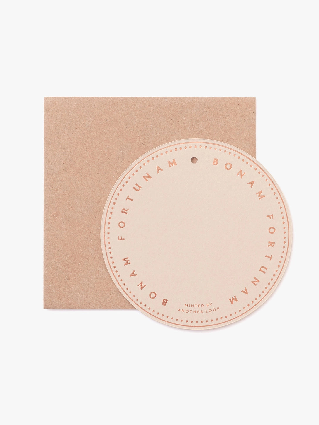 Round beige Lucky Penny notecard with a crown design with a brown envelope - showing back of card by penny black