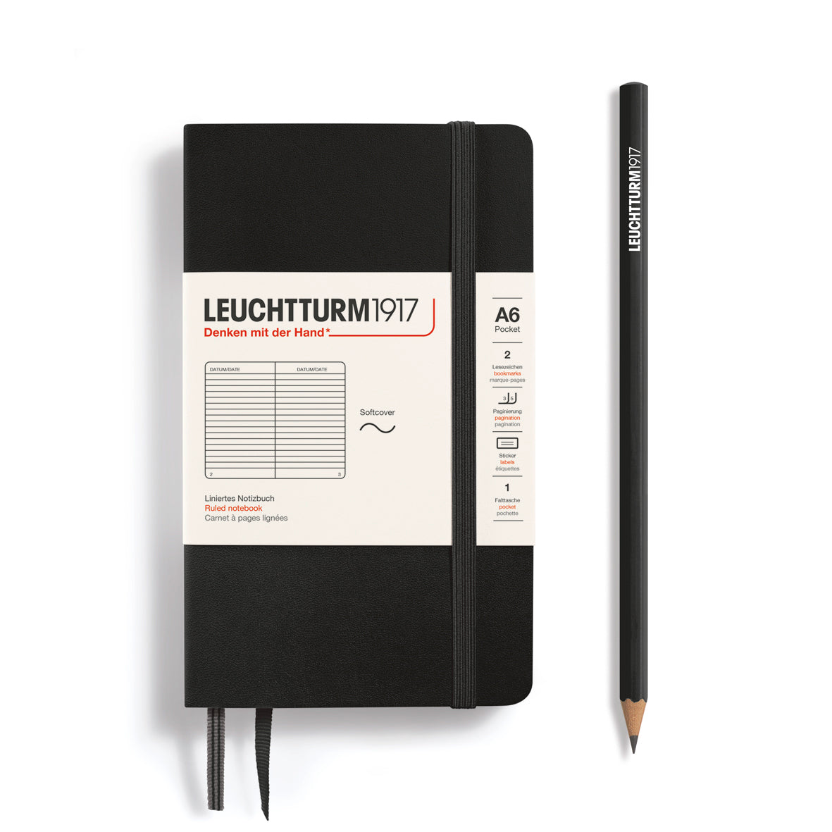 LEUCHTTURM1917 Notebook A6 Pocket Softcover in black and ruled inside at Penny Black