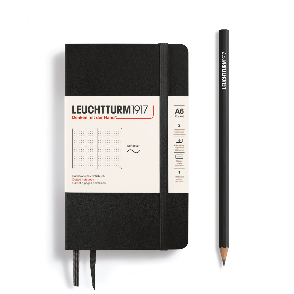 LEUCHTTURM1917 Notebook A6 Pocket Softcover in black and dotted inside at Penny Black