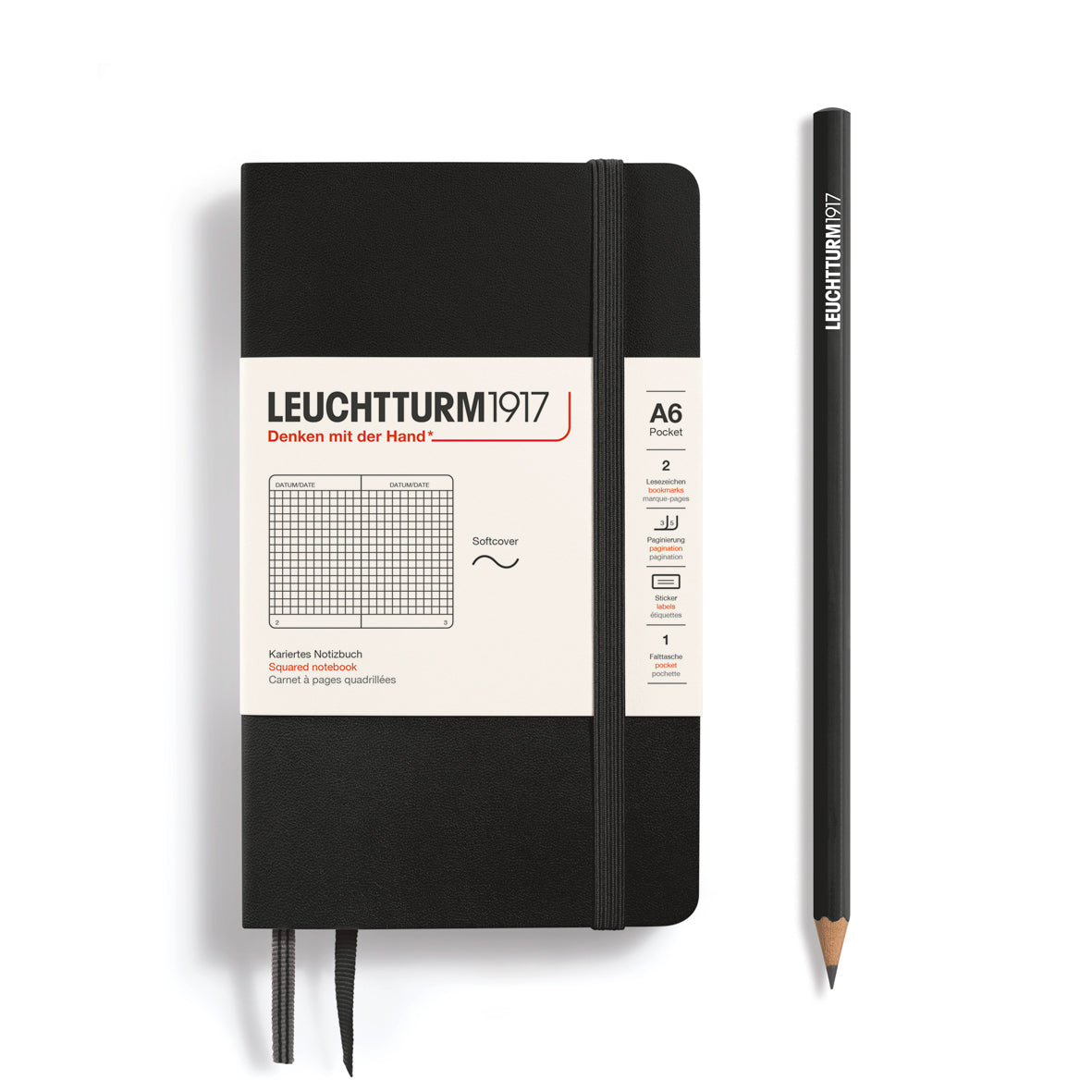 LEUCHTTURM1917 Notebook A6 Pocket Softcover in black and squared inside at Penny Black