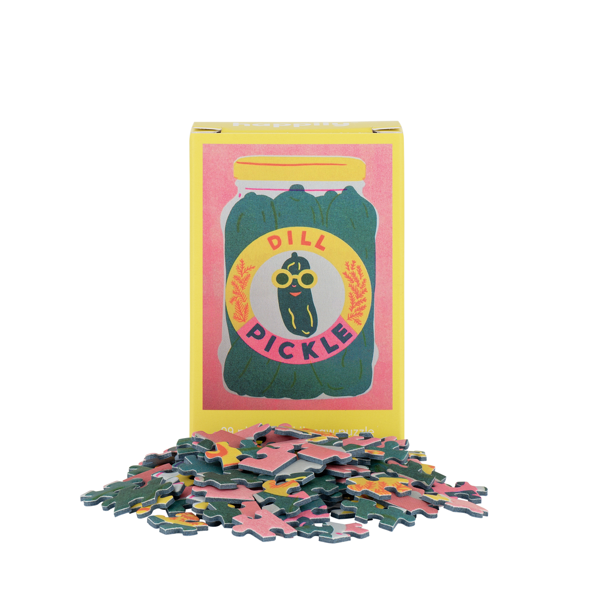 Pickle Jar - 99 Piece Mini Jigsaw Puzzle showing outside packaging and puzzle pieces by penny black