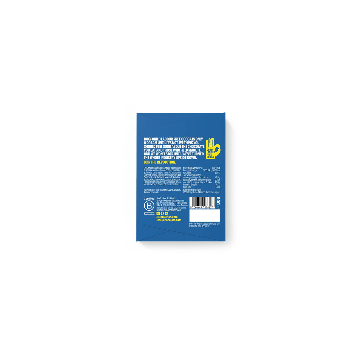 UP-UP Ethical Sea Salt Dark Chocolate Bar 60g back of packaging by penny black