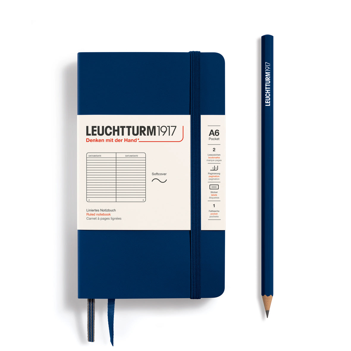 LEUCHTTURM1917 Notebook A6 Pocket Softcover in navy blue and ruled inside at Penny Black