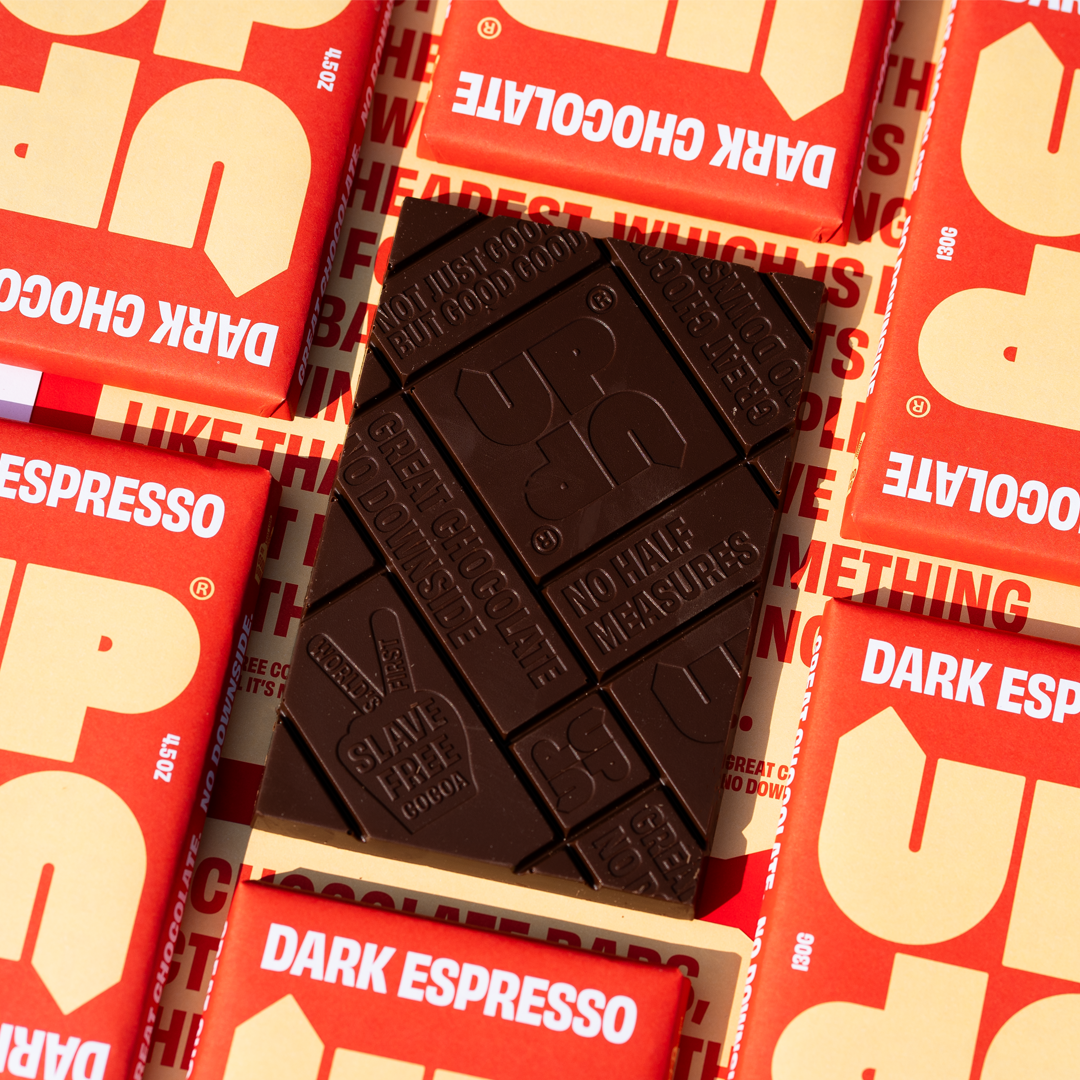 UP-UP Ethical Espresso Dark Chocolate 120g out of the packaging by penny black