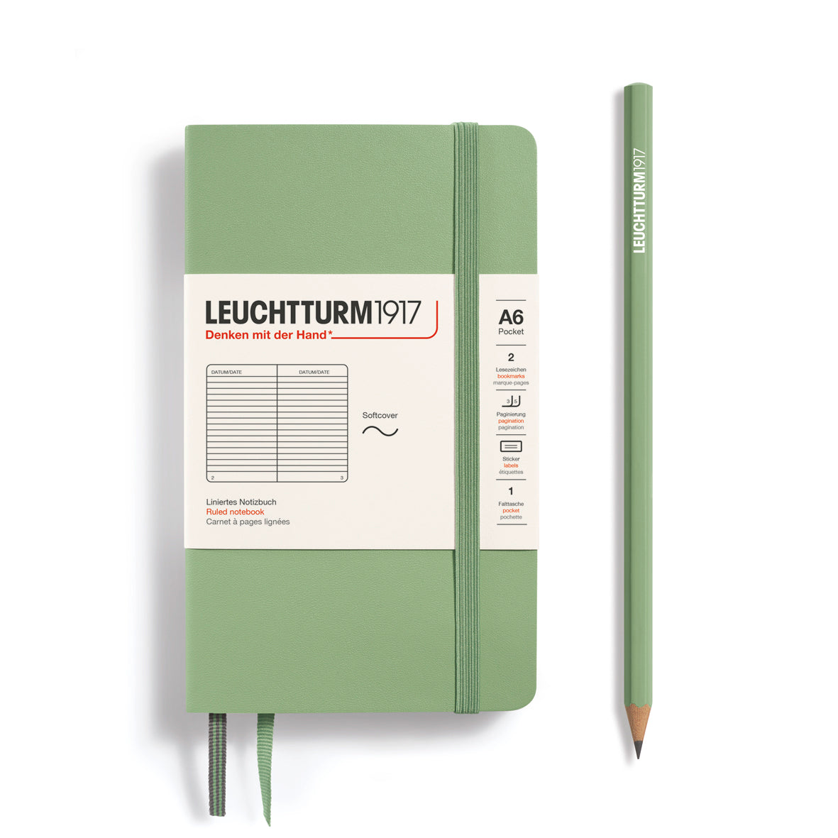 LEUCHTTURM1917 Notebook A6 Pocket Softcover in sage green and ruled inside at Penny Black