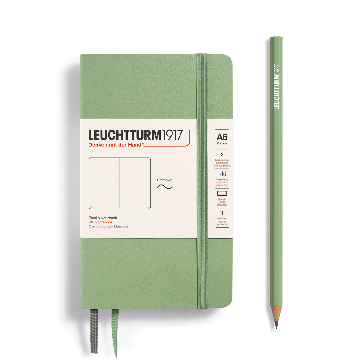 LEUCHTTURM1917 Notebook A6 Pocket Softcover in sage green and blank inside at Penny Black