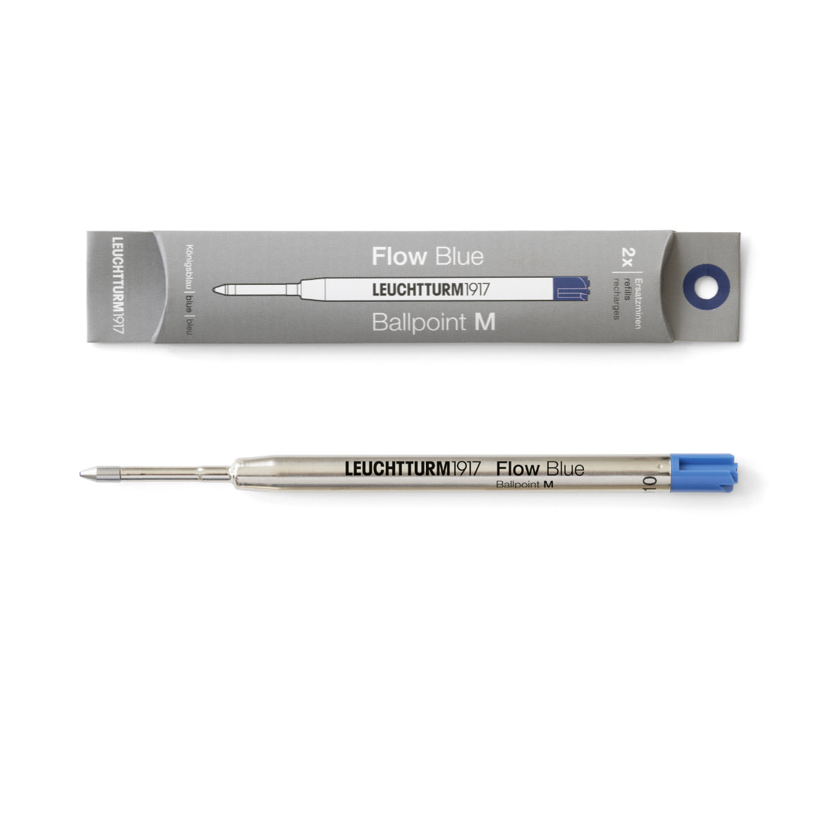 Leuchtturm1917 ballpoint pen refill M in blue with packaging on a white background