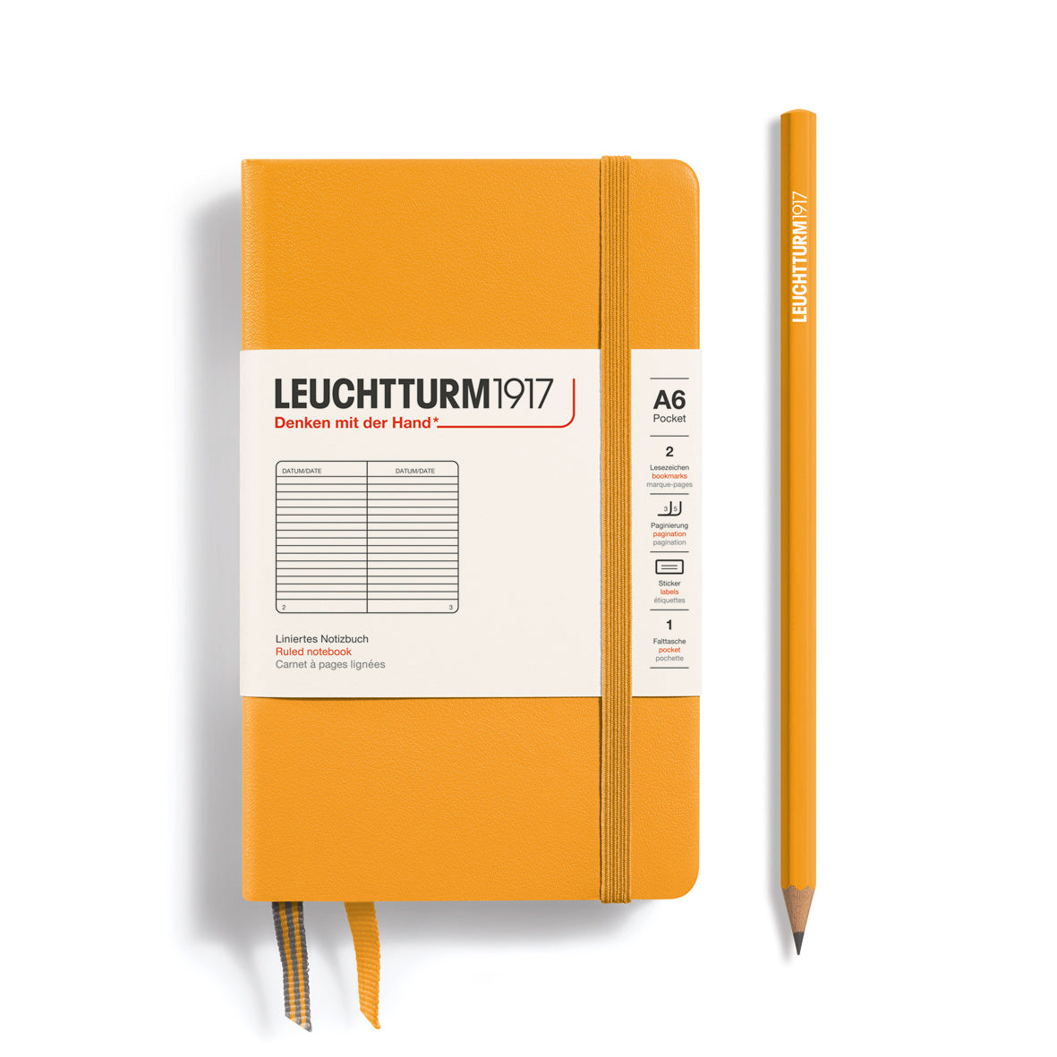 Leuchtturm1917 Notebook A6 Pocket Hardcover in rising sun orange and lined ruling from penny black