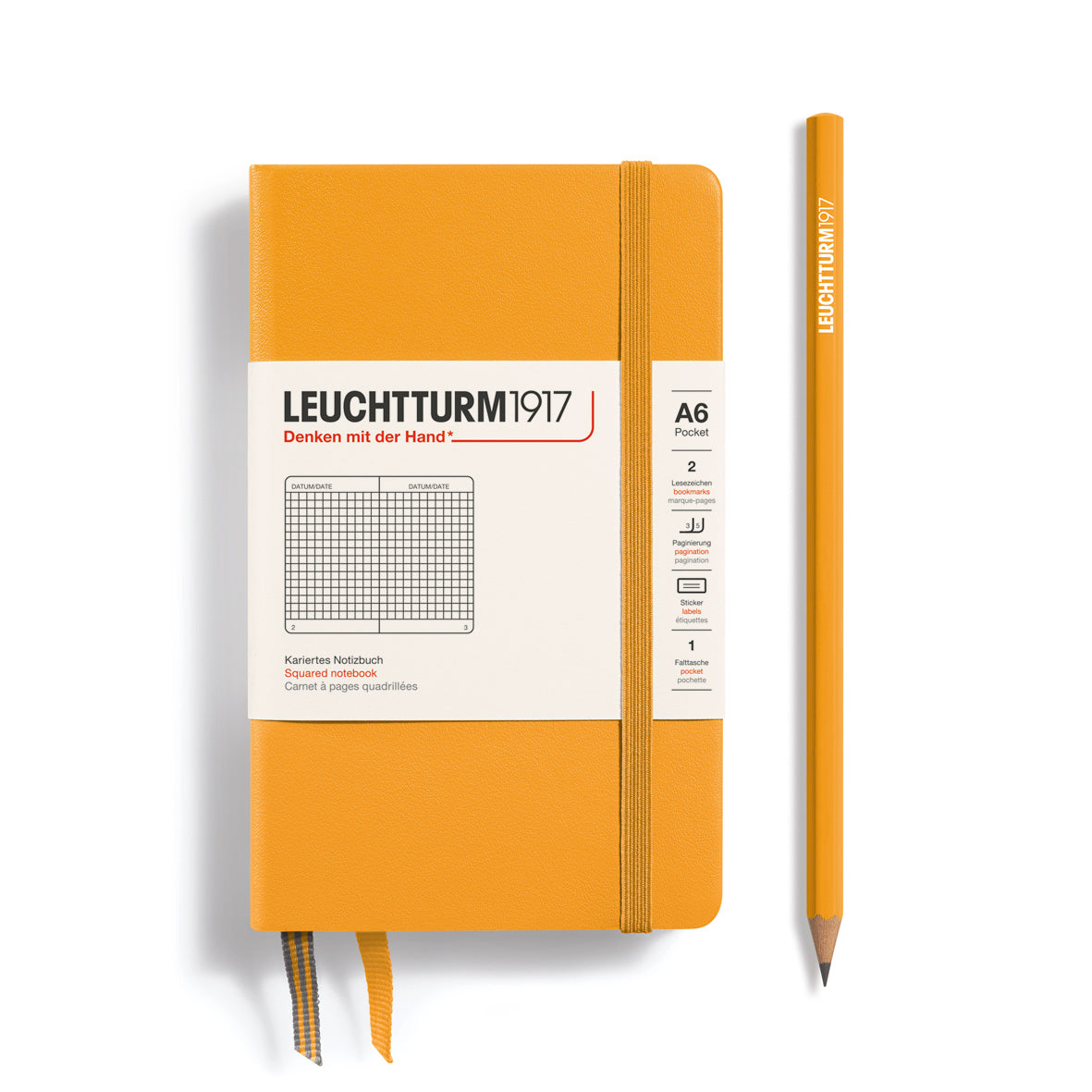 Leuchtturm1917 Notebook A6 Pocket Hardcover in rising sun orange and squared ruling from penny black