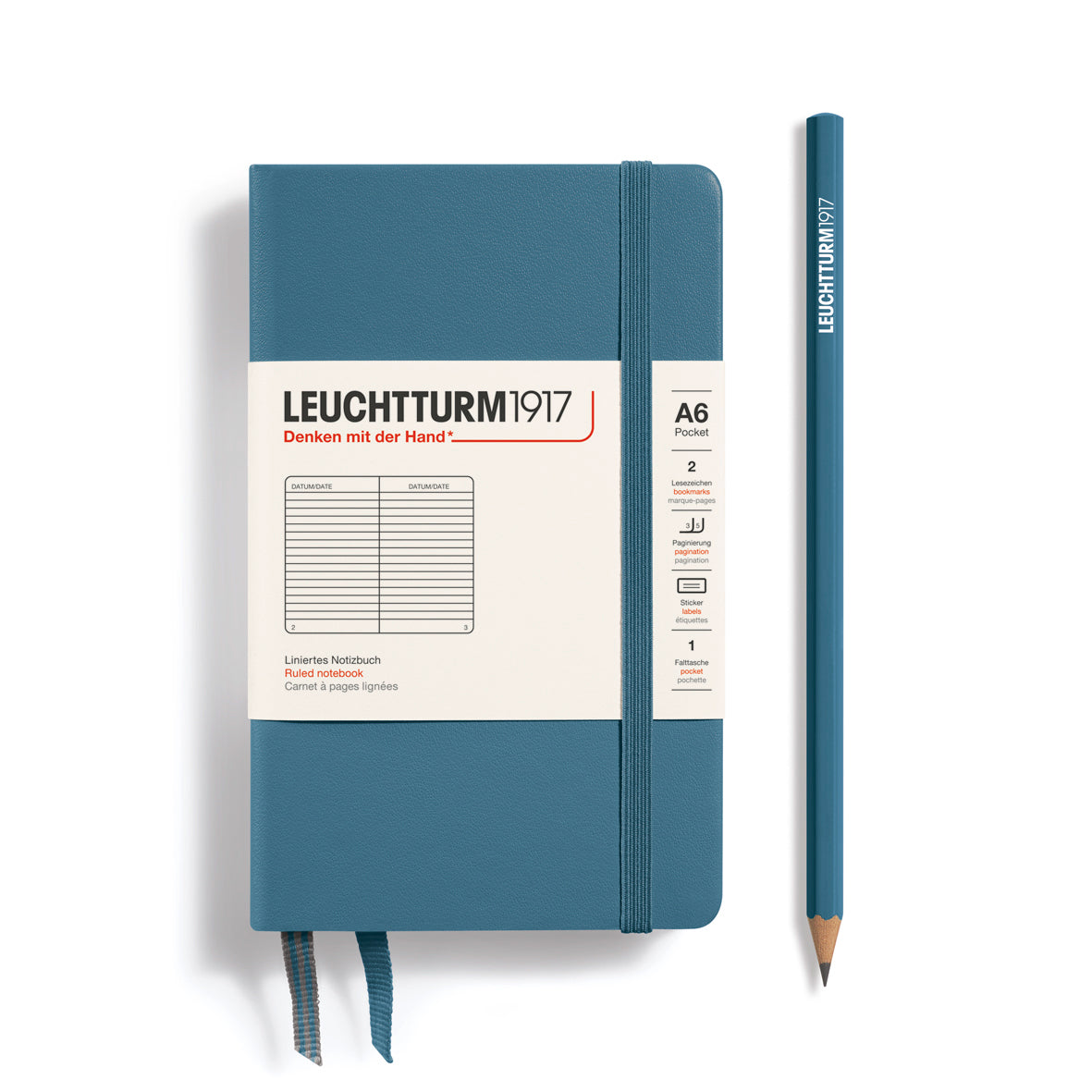 Leuchtturm1917 Notebook A6 Pocket Hardcover in stone blue and lined ruling from penny black