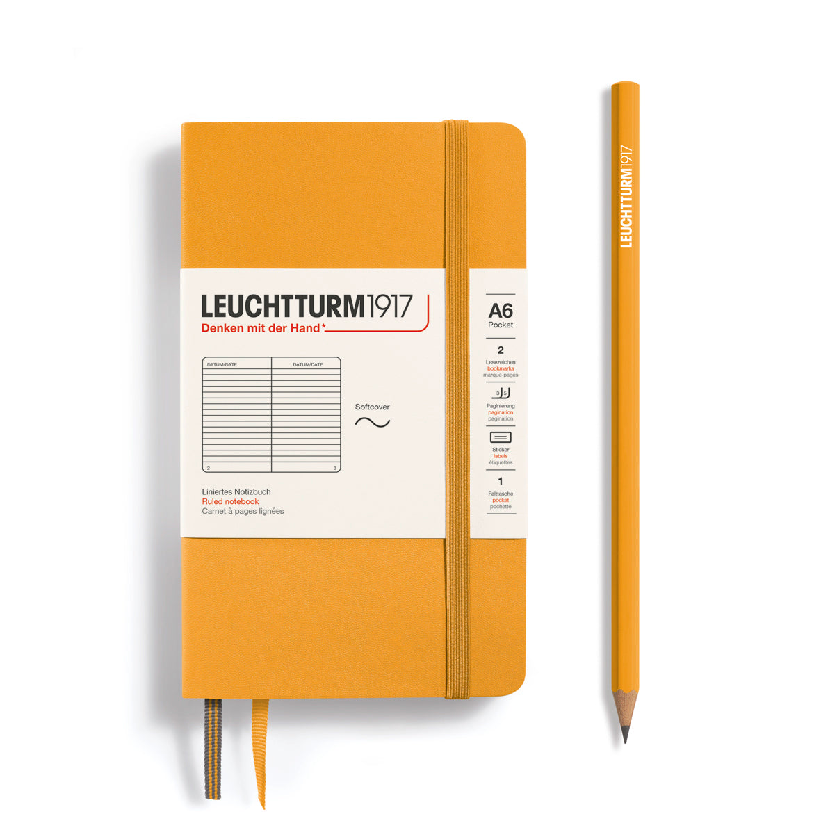LEUCHTTURM1917 Notebook A6 Pocket Softcover in rising sun orange and ruled inside at Penny Black