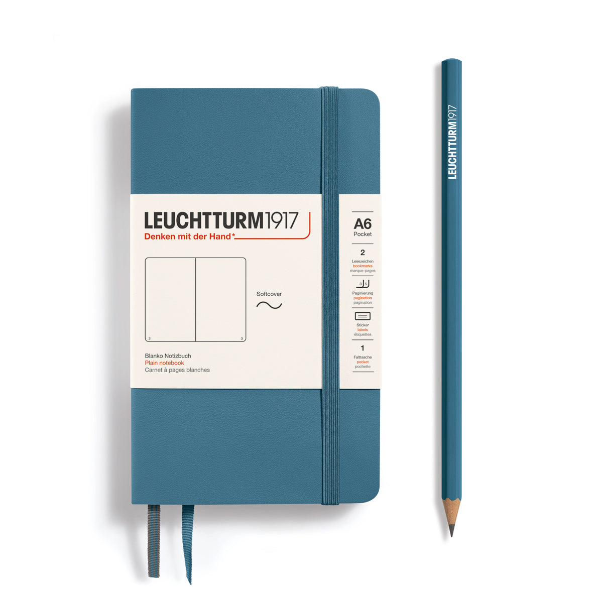 LEUCHTTURM1917 Notebook A6 Pocket Softcover in stone blue and blank inside at Penny Black