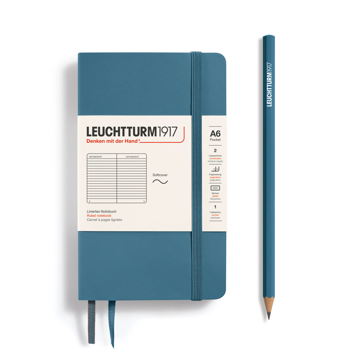 LEUCHTTURM1917 Notebook A6 Pocket Softcover in stone blue and ruled inside at Penny Black