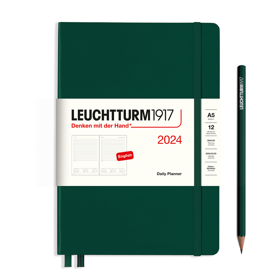 An image of a dark green planner with a dark green elastic band holding it together and a cream paper wrap around the middle stating the business name Leuchtturm1917, that it is for the year 2024, it is a daily planner, is A5 in size and an English language version. It has an image on the wrap showing the inside layout which is 1 day per page. A dark green pencil is shown at the side of the planner.