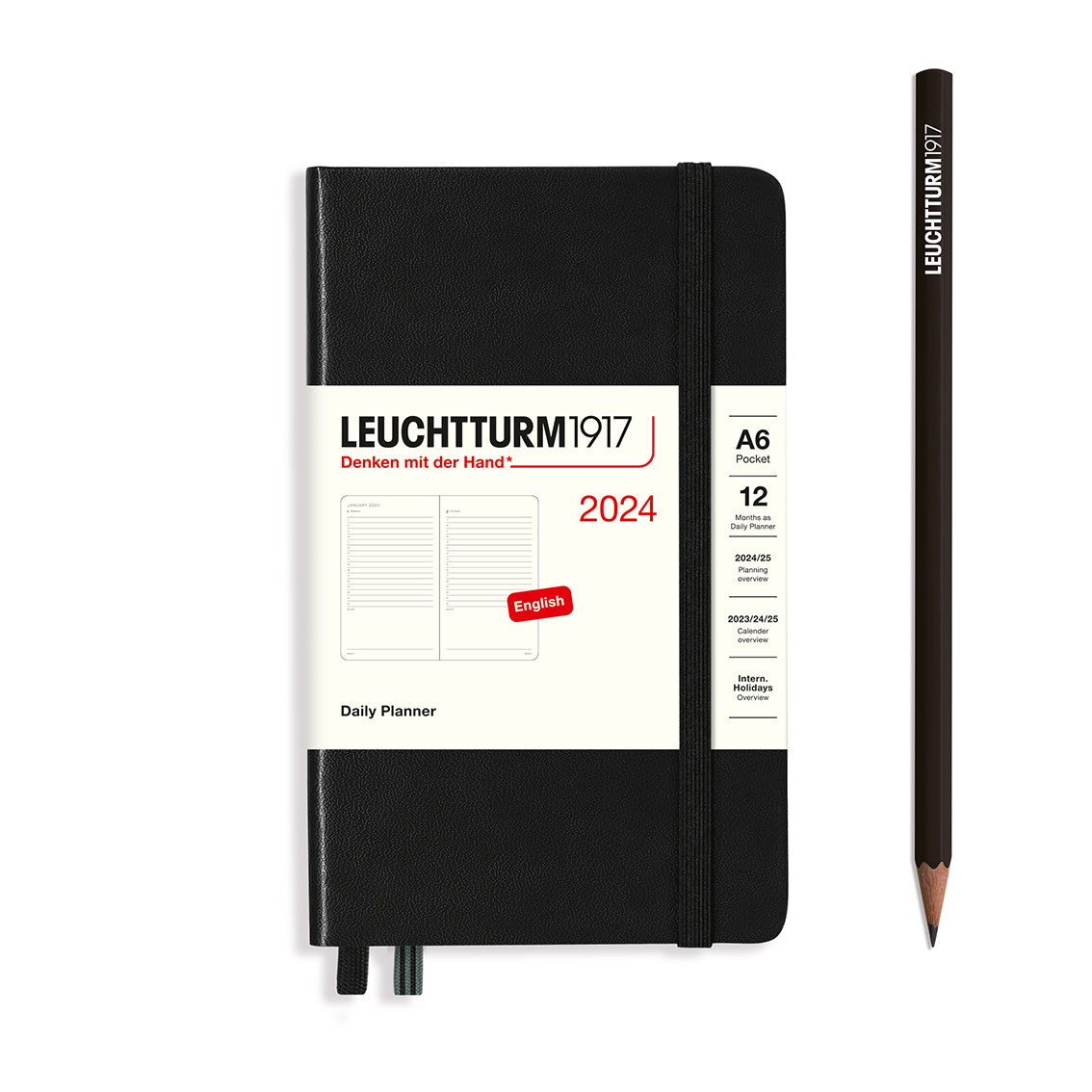 An image of a black planner with a black elastic band holding it together and a cream paper wrap around the middle stating the business name Leuchtturm1917, that it is for the year 2024, it is a daily planner, is A6 in size and an English language version. It has an image on the wrap showing the inside layout which is 1 day per page. A black pencil is shown at the side of the planner.