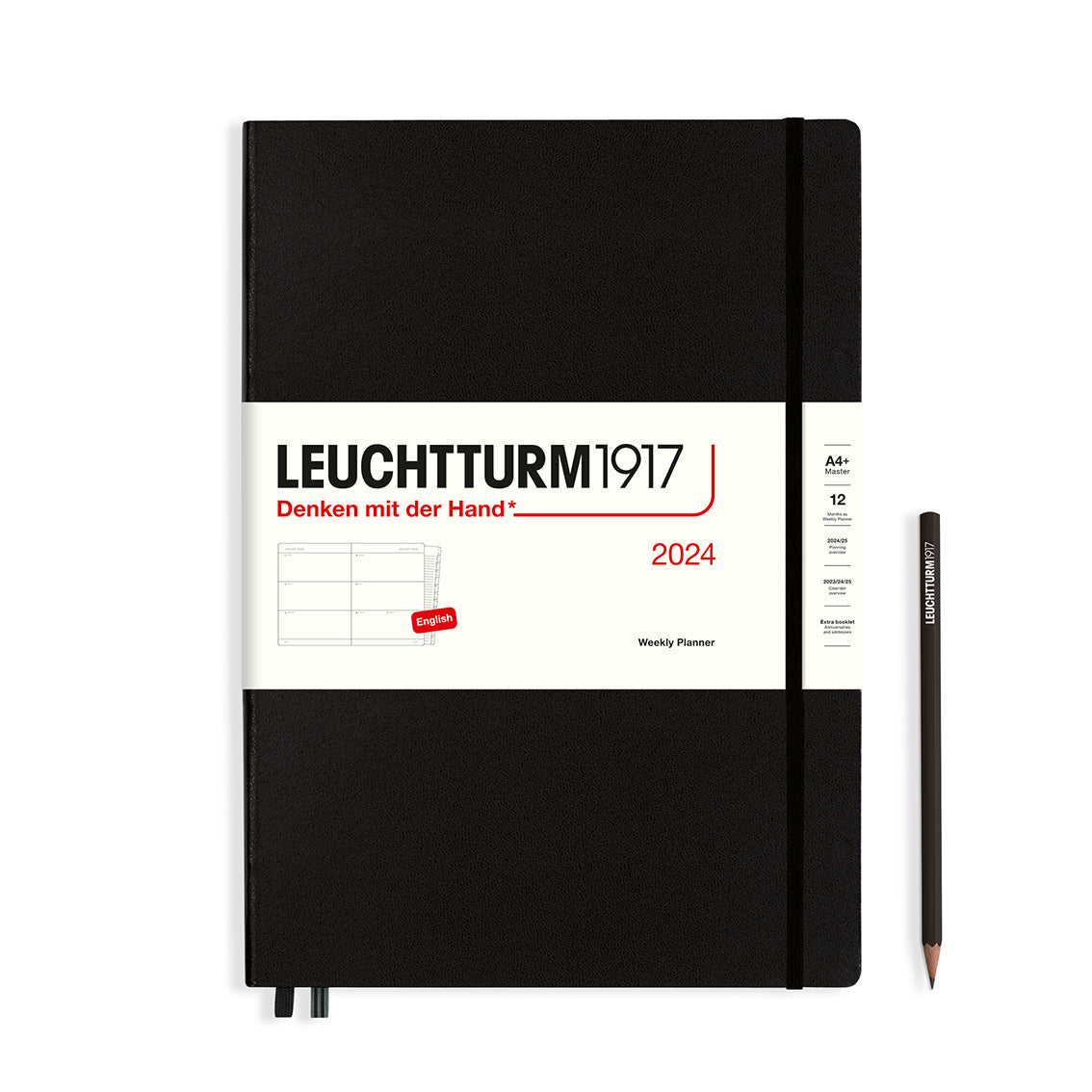 An image of a black planner with a black elastic band holding it together and a cream paper wrap around the middle stating the business name Leuchtturm1917, that it is for the year 2024, it is a weekly planner, is A4+ in size and an English language version. It has an image on the wrap showing the inside layout which is a week spread across 2 pages. A black pencil is shown at the side of the planner.