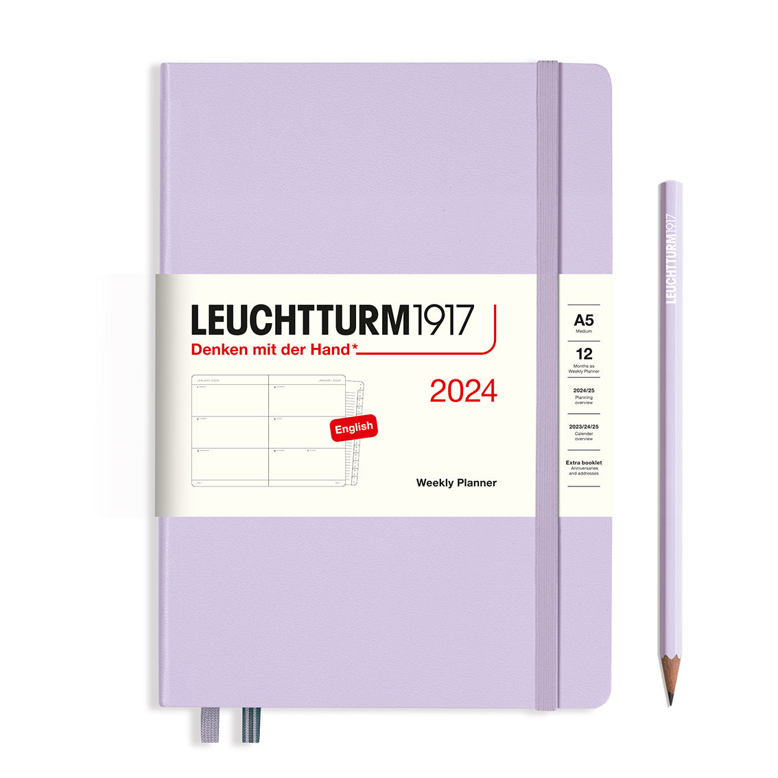 An image of a lilac planner with a lilac elastic band holding it together and a cream paper wrap around the middle stating the business name Leuchtturm1917, that it is for the year 2024, it is a weekly planner, is A5 in size and an English language version. It has an image on the wrap showing the inside layout which is a week spread across 2 pages. A lilac pencil is shown at the side of the planner.
