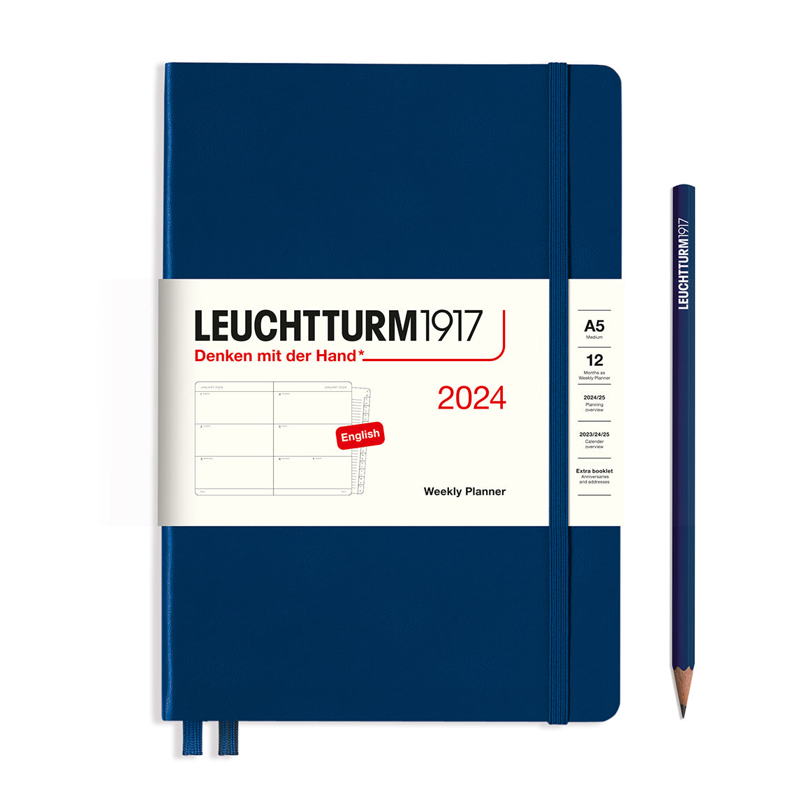 An image of a navy planner with a navy elastic band holding it together and a cream paper wrap around the middle stating the business name Leuchtturm1917, that it is for the year 2024, it is a weekly planner, is A5 in size and an English language version. It has an image on the wrap showing the inside layout which is a week spread across 2 pages. A navy pencil is shown at the side of the planner.