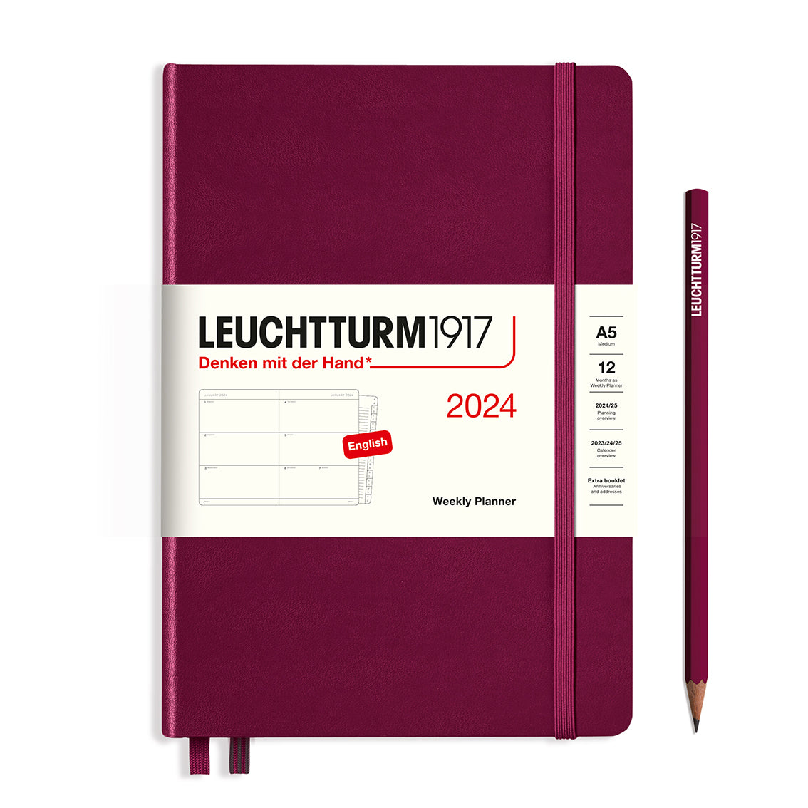 An image of a burgundy planner with a burgundy elastic band holding it together and a cream paper wrap around the middle stating the business name Leuchtturm1917, that it is for the year 2024, it is a weekly planner, is A5 in size and an English language version. It has an image on the wrap showing the inside layout which is a week spread across 2 pages. A burgundy pencil is shown at the side of the planner.