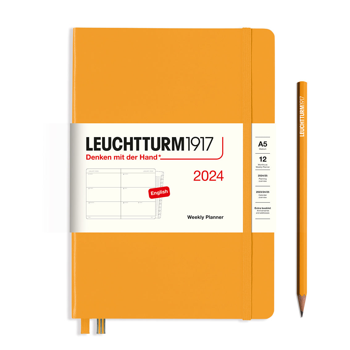 An image of an orange planner with an orange elastic band holding it together and a cream paper wrap around the middle stating the business name Leuchtturm1917, that it is for the year 2024, it is a weekly planner, is A5 in size and an English language version. It has an image on the wrap showing the inside layout which is a week spread across 2 pages. An orange pencil is shown at the side of the planner.