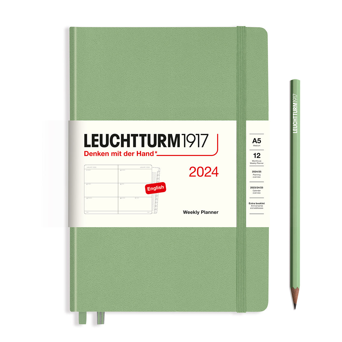 An image of a sage green planner with a sage green elastic band holding it together and a cream paper wrap around the middle stating the business name Leuchtturm1917, that it is for the year 2024, it is a weekly planner, is A5 in size and an English language version. It has an image on the wrap showing the inside layout which is a week spread across 2 pages. A sage green pencil is shown at the side of the planner.