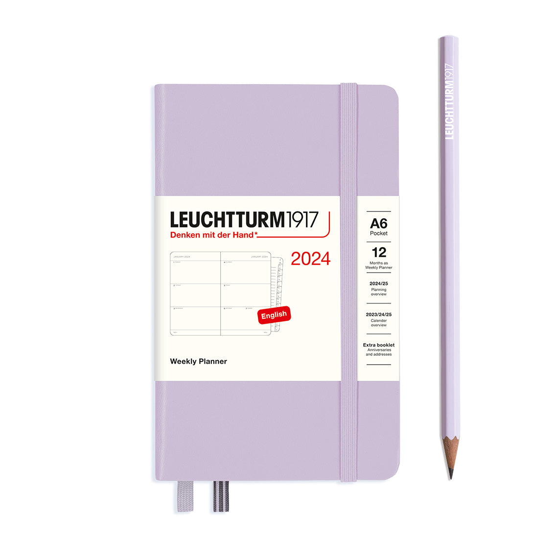 An image of a lilac planner with a lilac elastic band holding it together and a cream paper wrap around the middle stating the business name Leuchtturm1917, that it is for the year 2024, it is a weekly planner, is A6 in size and an English language version. It has an image on the wrap showing the inside layout which is a week spread across 2 pages. A lilac pencil is shown at the side of the planner.