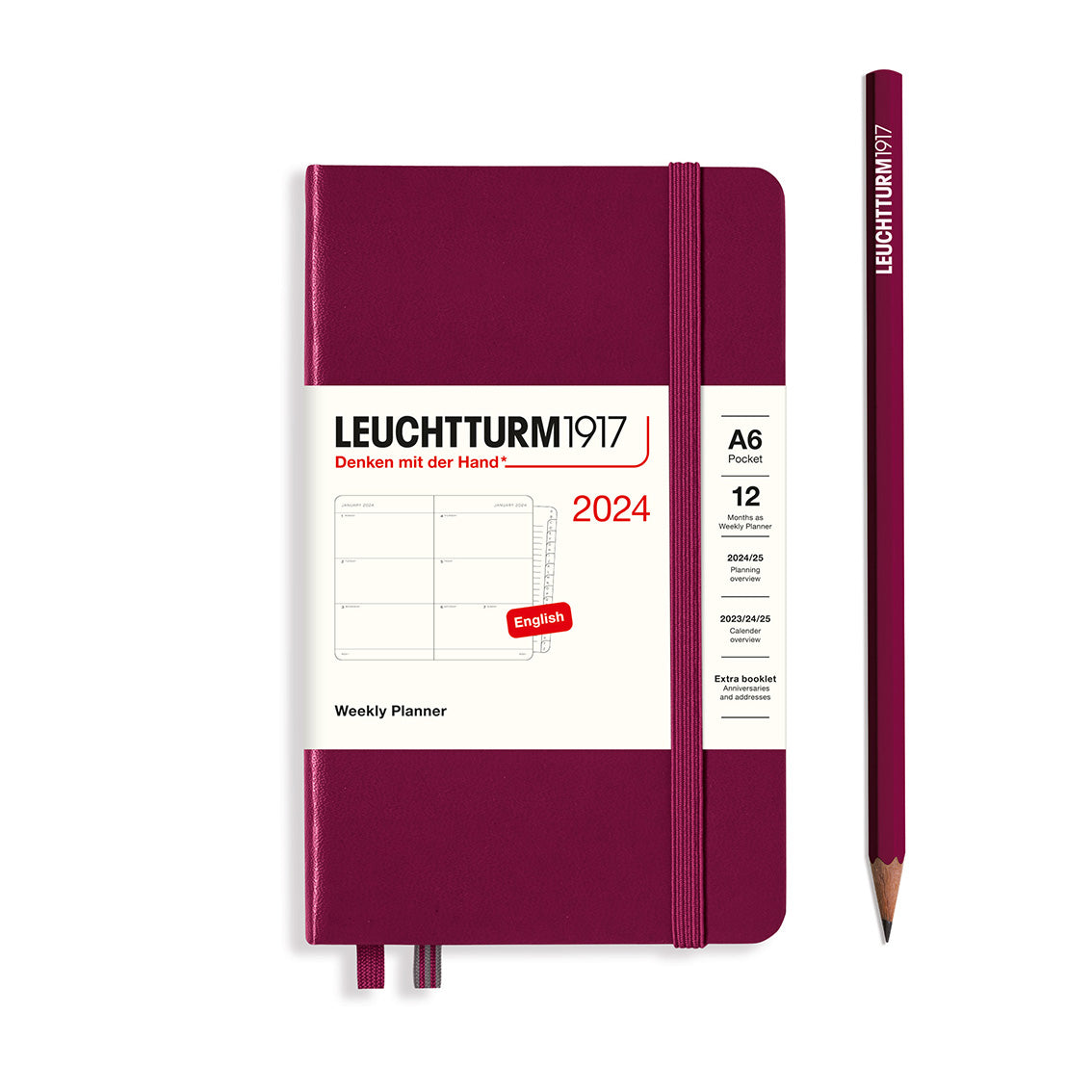 An image of a burgundy planner with a burgundy elastic band holding it together and a cream paper wrap around the middle stating the business name Leuchtturm1917, that it is for the year 2024, it is a weekly planner, is A6 in size and an English language version. It has an image on the wrap showing the inside layout which is a week spread across 2 pages. A burgundy pencil is shown at the side of the planner.