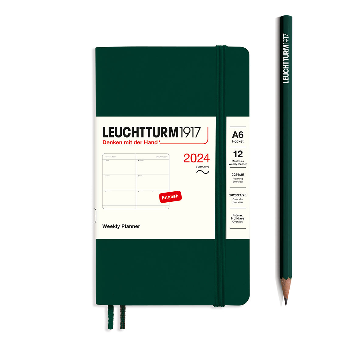 An image of a dark green planner with a dark green elastic band holding it together and a cream paper wrap around the middle stating the business name Leuchtturm1917, that it is for the year 2024, it is a weekly planner, is A6 in size and an English language version. It has an image on the wrap showing the inside layout which is a week across 2 pages. A dark green pencil is shown at the side of the planner.