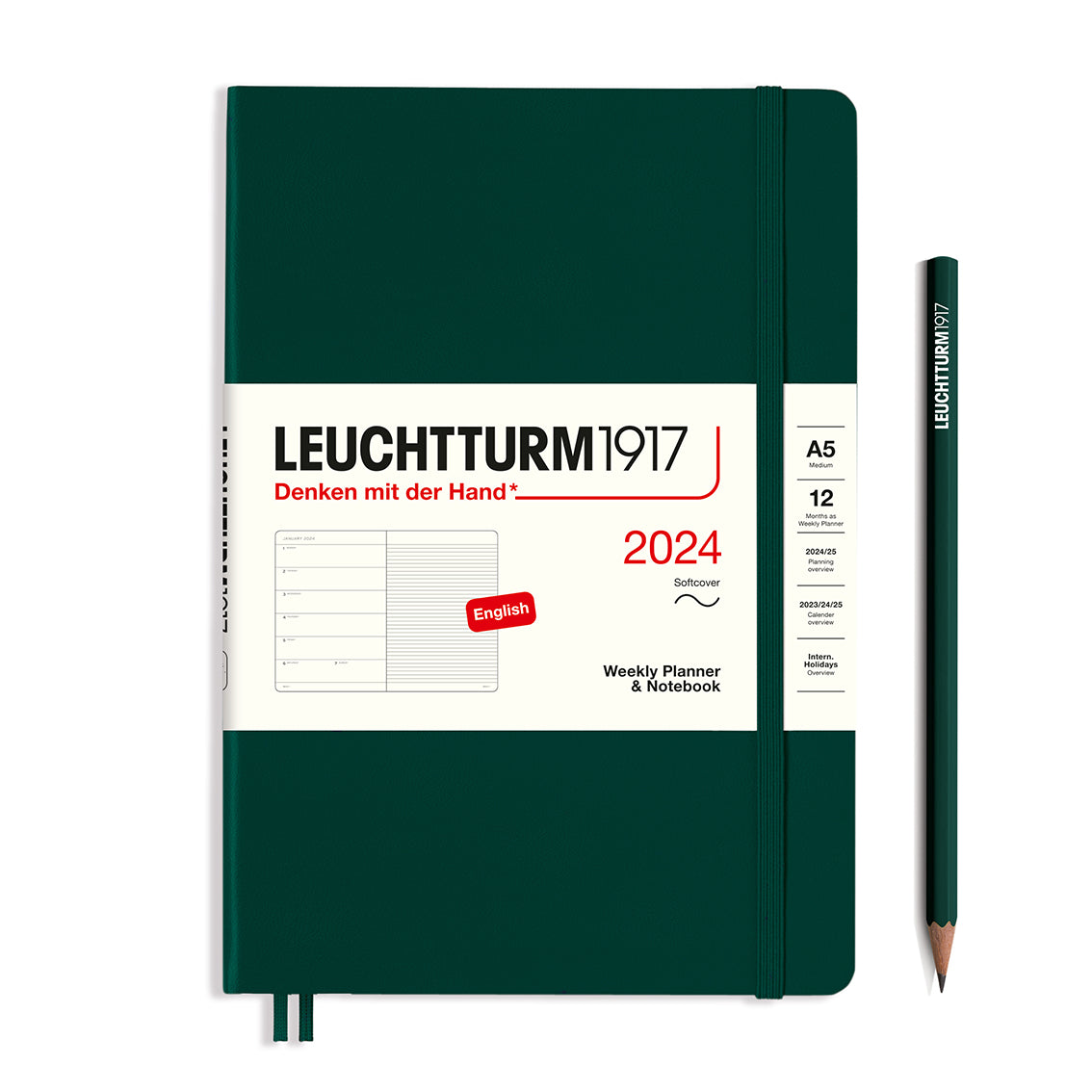 An image of a dark green planner with a dark green elastic band holding it together and a cream paper wrap around the middle stating the business name Leuchtturm1917, that it is for the year 2024, it is a weekly planner and notebook, is A5 in size and an English language version. It has an image on the wrap showing the inside layout which is a week on the left hand page and a notes page on thr right hand page. A dark green pencil is shown at the side of the planner.