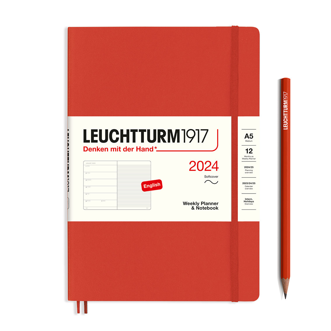 An image of an orangey/red planner with an orangey/red elastic band holding it together and a cream paper wrap around the middle stating the business name Leuchtturm1917, that it is for the year 2024, it is a weekly planner and notebook, is A5 in size and an English language version. It has an image on the wrap showing the inside layout which is a week on the left hand page and a notes page on thr right hand page. An orangey/red pencil is shown at the side of the planner.