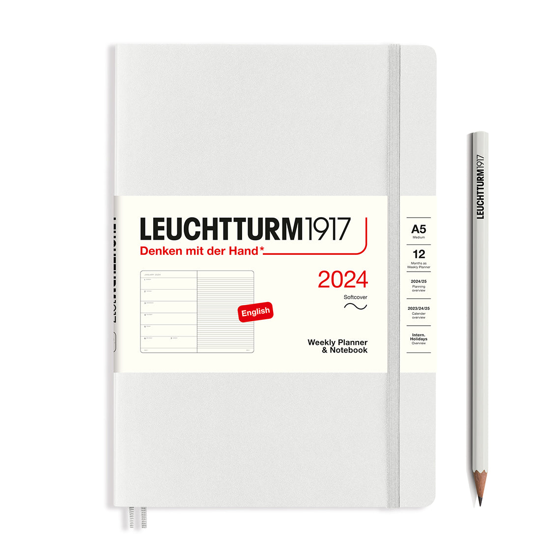 An image of a light grey planner with a light grey elastic band holding it together and a cream paper wrap around the middle stating the business name Leuchtturm1917, that it is for the year 2024, it is a weekly planner and notebook, is A5 in size and an English language version. It has an image on the wrap showing the inside layout which is a week on the left hand page and a notes page on thr right hand page. A light grey pencil is shown at the side of the planner.