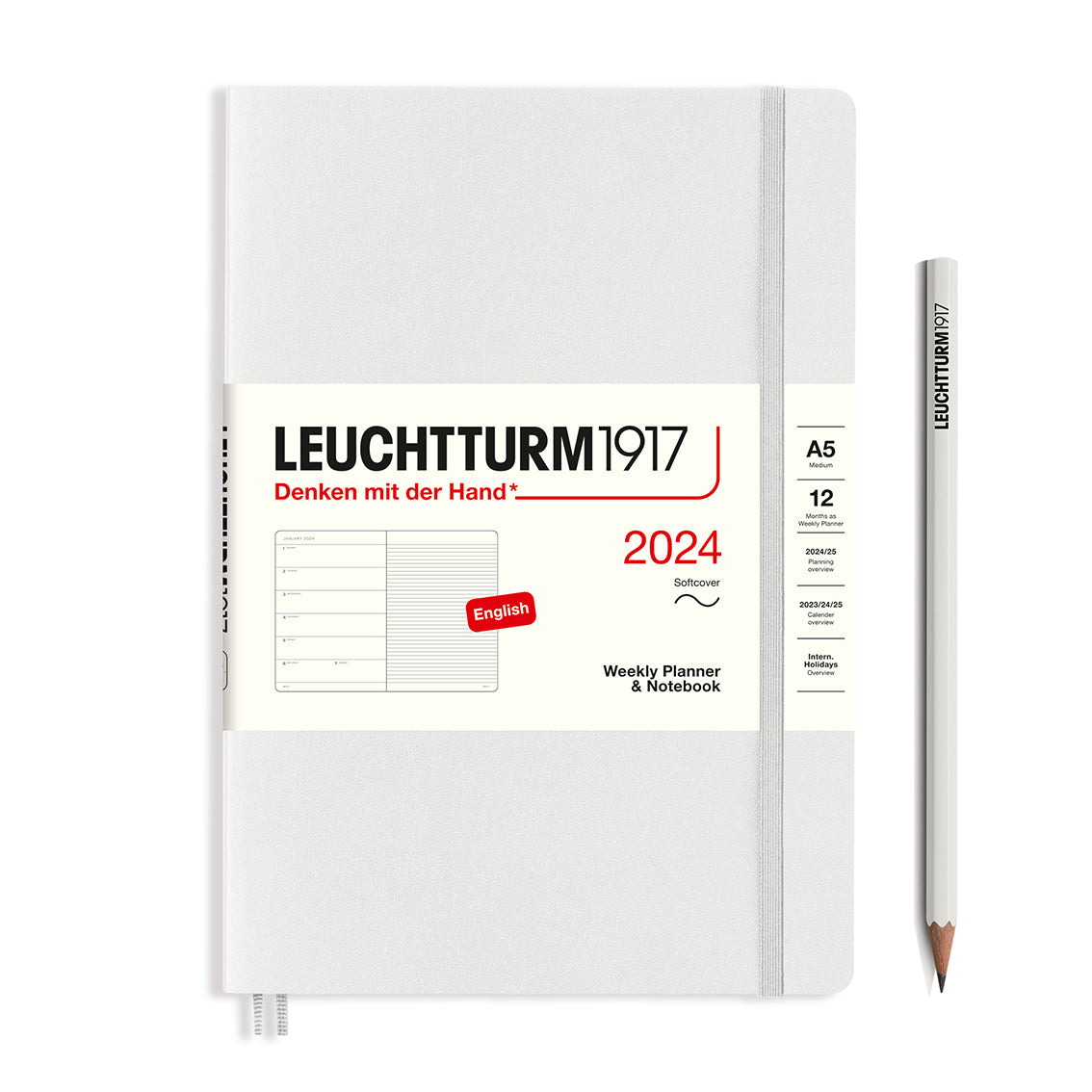 An image of a light grey planner with a light grey elastic band holding it together and a cream paper wrap around the middle stating the business name Leuchtturm1917, that it is for the year 2024, it is a weekly planner and notebook, is A5 in size and an English language version. It has an image on the wrap showing the inside layout which is a week on the left hand page and a notes page on thr right hand page. A light grey pencil is shown at the side of the planner.