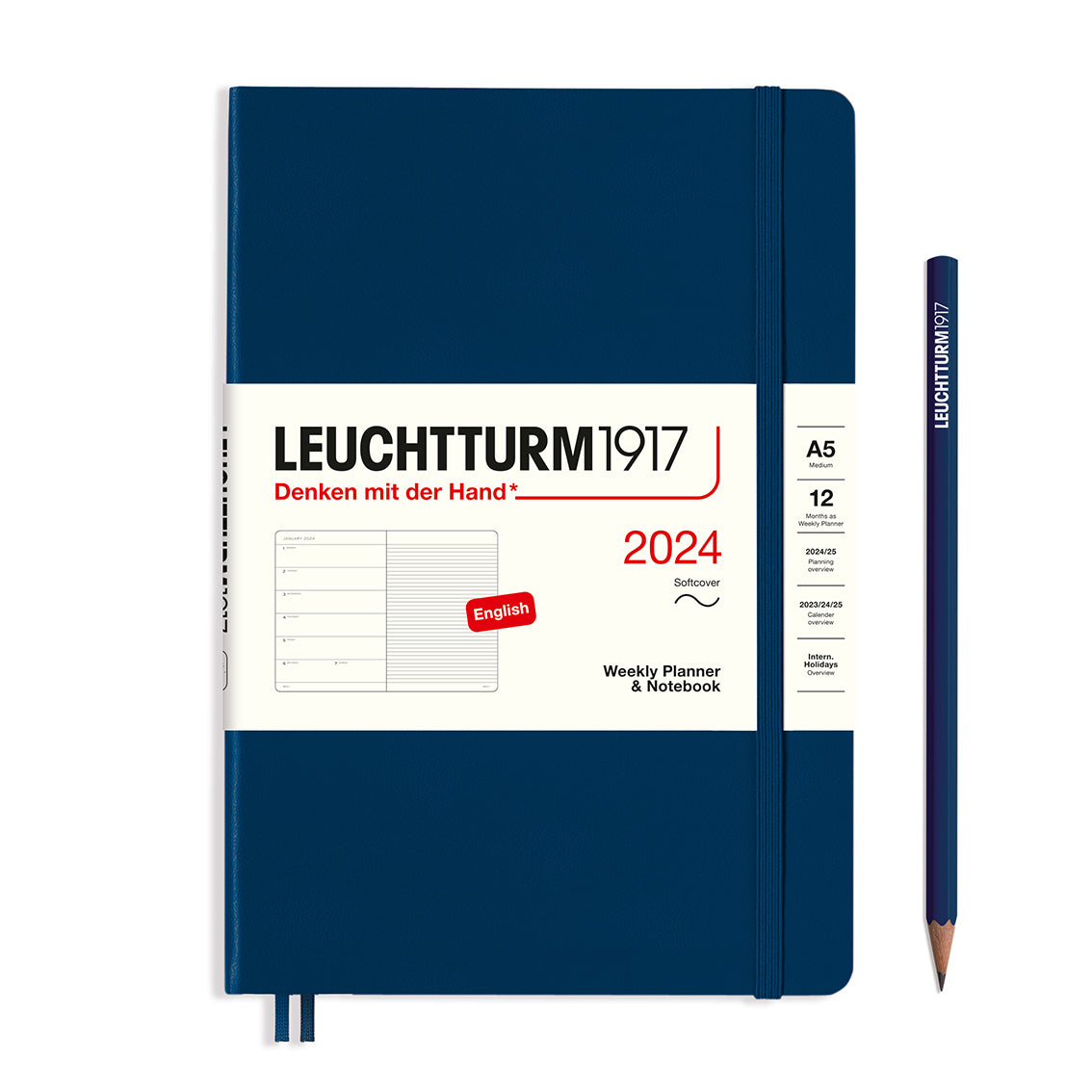 An image of a navy planner with a navy elastic band holding it together and a cream paper wrap around the middle stating the business name Leuchtturm1917, that it is for the year 2024, it is a weekly planner and notebook, is A5 in size and an English language version. It has an image on the wrap showing the inside layout which is a week on the left hand page and a notes page on thr right hand page. A navy pencil is shown at the side of the planner.
