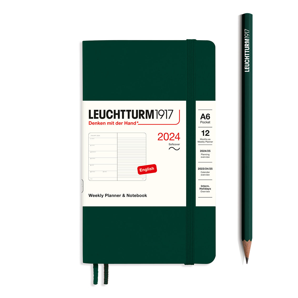 An image of a dark green planner with a dark green elastic band holding it together and a cream paper wrap around the middle stating the business name Leuchtturm1917, that it is for the year 2024, it is a weekly planner and notebook, is A6 in size and an English language version. It has an image on the wrap showing the inside layout which is a week on the left hand page and a notes page on thr right hand page. A dark green pencil is shown at the side of the planner.