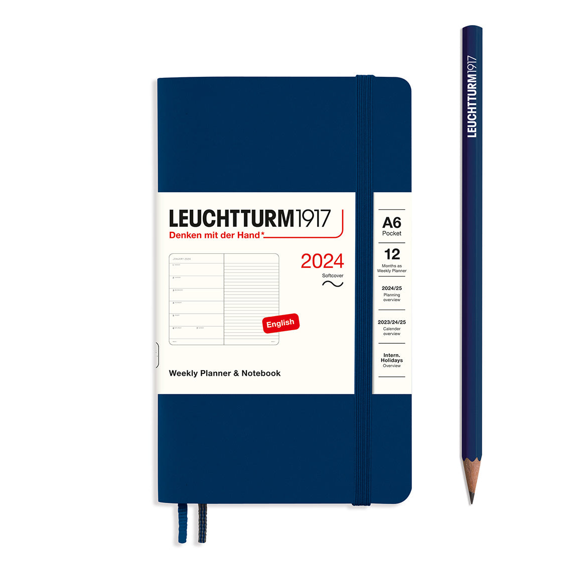 An image of a navy planner with a navy elastic band holding it together and a cream paper wrap around the middle stating the business name Leuchtturm1917, that it is for the year 2024, it is a weekly planner and notebook, is A6 in size and an English language version. It has an image on the wrap showing the inside layout which is a week on the left hand page and a notes page on thr right hand page. A navy pencil is shown at the side of the planner.