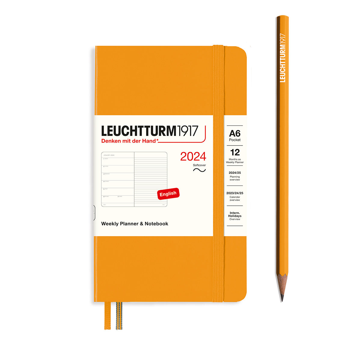 An image of an orange planner with an orange elastic band holding it together and a cream paper wrap around the middle stating the business name Leuchtturm1917, that it is for the year 2024, it is a weekly planner and notebook, is A6 in size and an English language version. It has an image on the wrap showing the inside layout which is a week on the left hand page and a notes page on thr right hand page. An orange pencil is shown at the side of the planner.