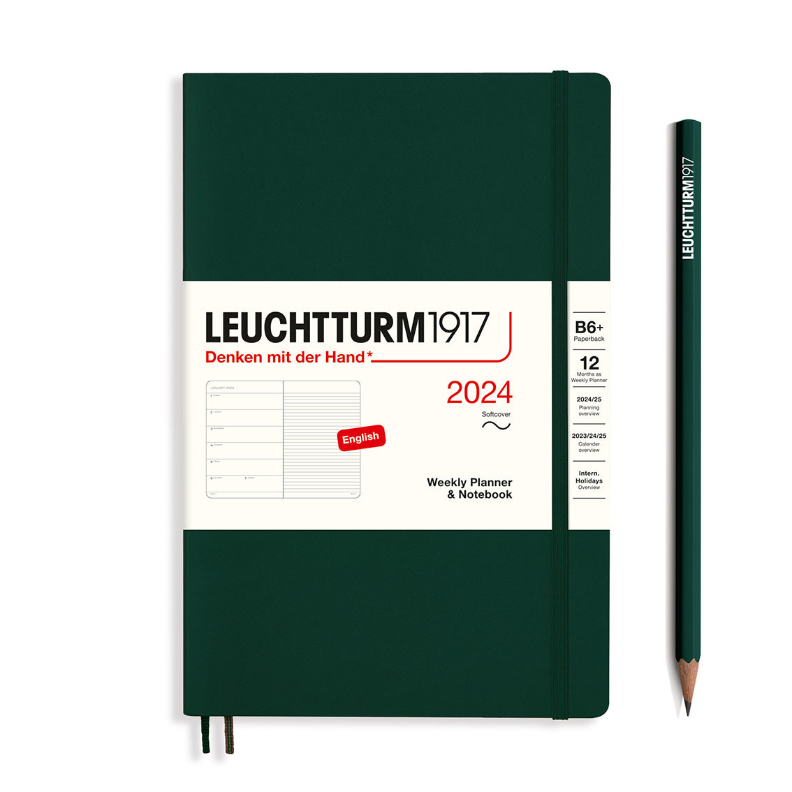 An image of a dark green planner with a dark green elastic band holding it together and a cream paper wrap around the middle stating the business name Leuchtturm1917, that it is for the year 2024, it is a weekly planner and notebook, is B6+ in size and an English language version. It has an image on the wrap showing the inside layout which is a week on the left hand page and a notes page on thr right hand page. A dark green pencil is shown at the side of the planner.
