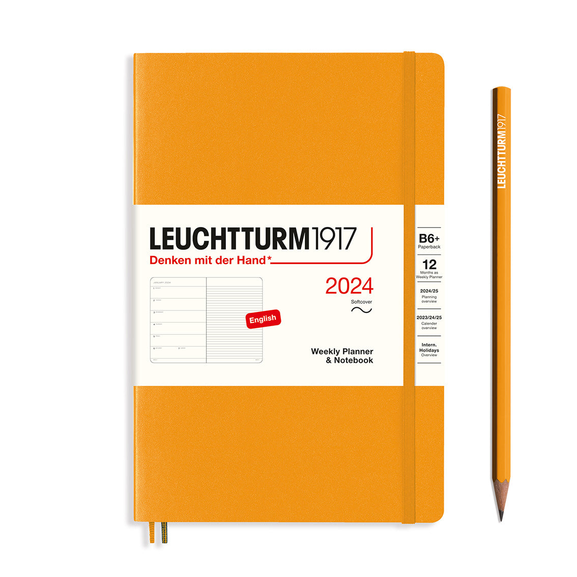 An image of an orange planner with an orange elastic band holding it together and a cream paper wrap around the middle stating the business name Leuchtturm1917, that it is for the year 2024, it is a weekly planner and notebook, is B6+ in size and an English language version. It has an image on the wrap showing the inside layout which is a week on the left hand page and a notes page on thr right hand page. An orange pencil is shown at the side of the planner.