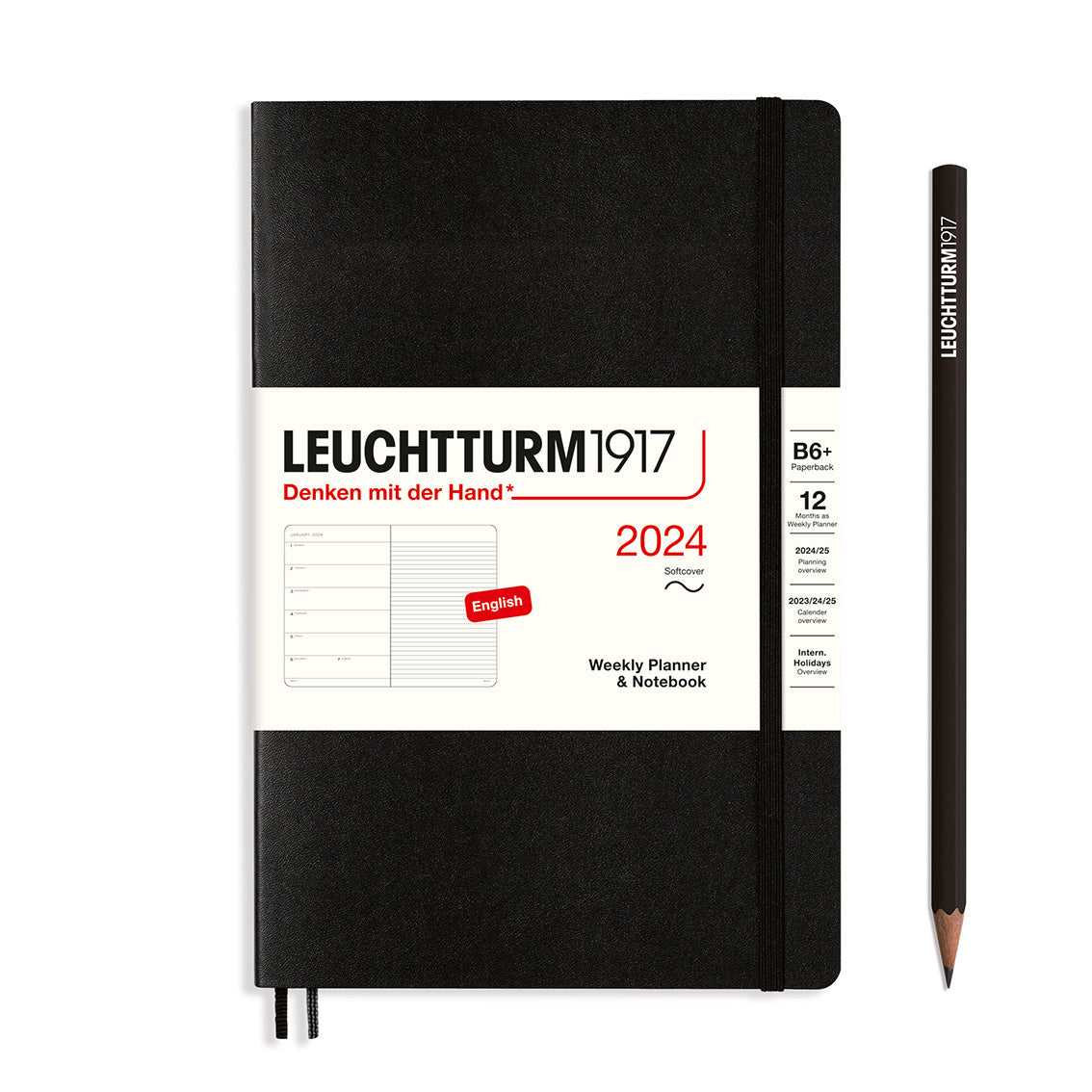 An image of a black planner with a black elastic band holding it together and a cream paper wrap around the middle stating the business name Leuchtturm1917, that it is for the year 2024, it is a weekly planner and notebook, is B6+ in size and an English language version. It has an image on the wrap showing the inside layout which is a week on the left hand page and a notes page on thr right hand page. A black pencil is shown at the side of the planner.