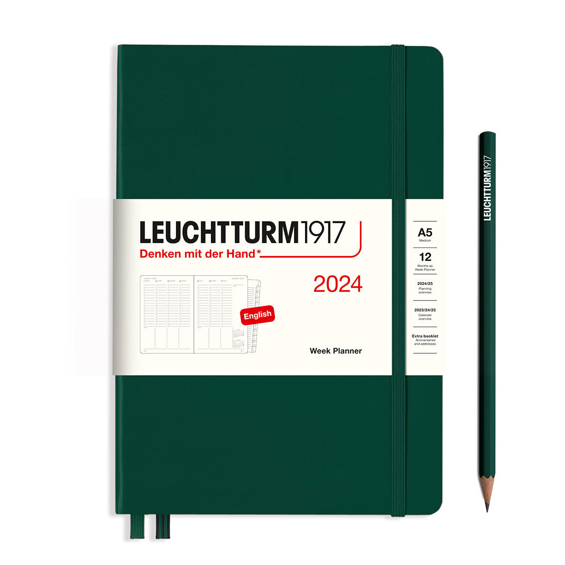 An image of a dark green planner with a dark green elastic band holding it together and a cream paper wrap around the middle stating the business name Leuchtturm1917, that it is for the year 2024, it is a week planner, is A5 in size and an English language version. It has an image on the wrap showing the inside layout which is a week across 2 pages set out as appointments. A dark green pencil is shown at the side of the planner.